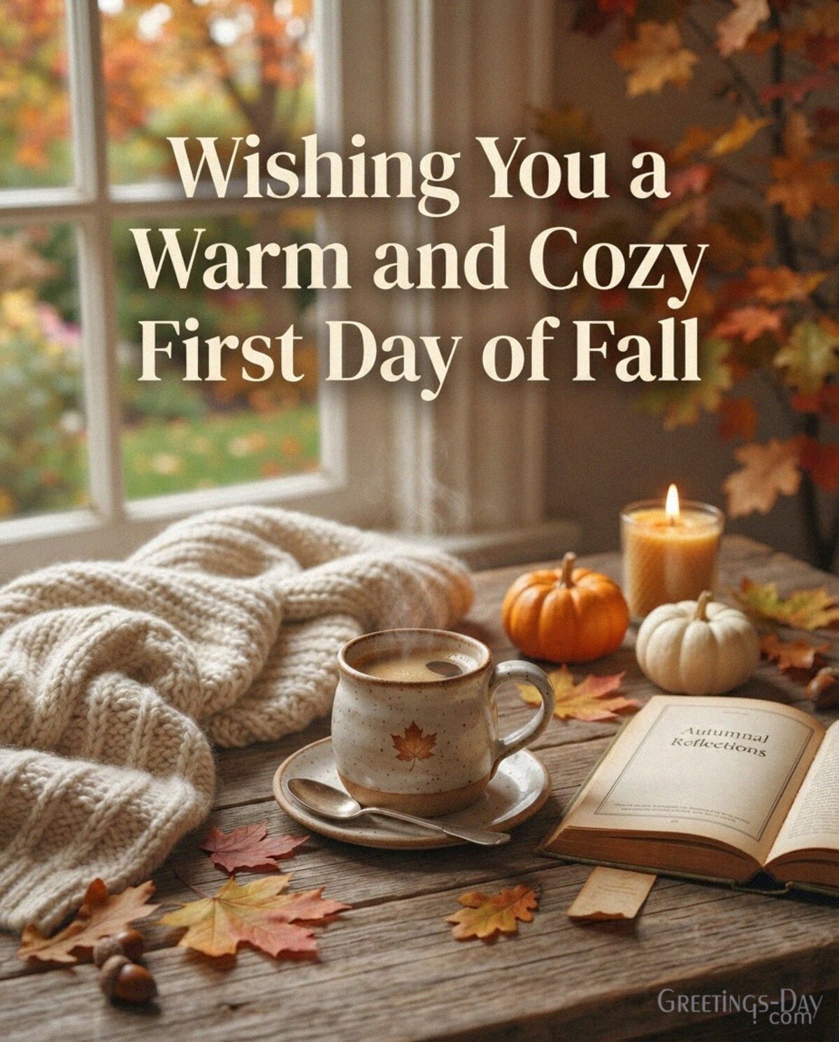 Cozy First Day of Fall image with warm coffee and blanket featuring “Wishing You a Warm and Cozy First Day of Fall” with the text "Wishing You a Warm and Cozy First Day of Fall"