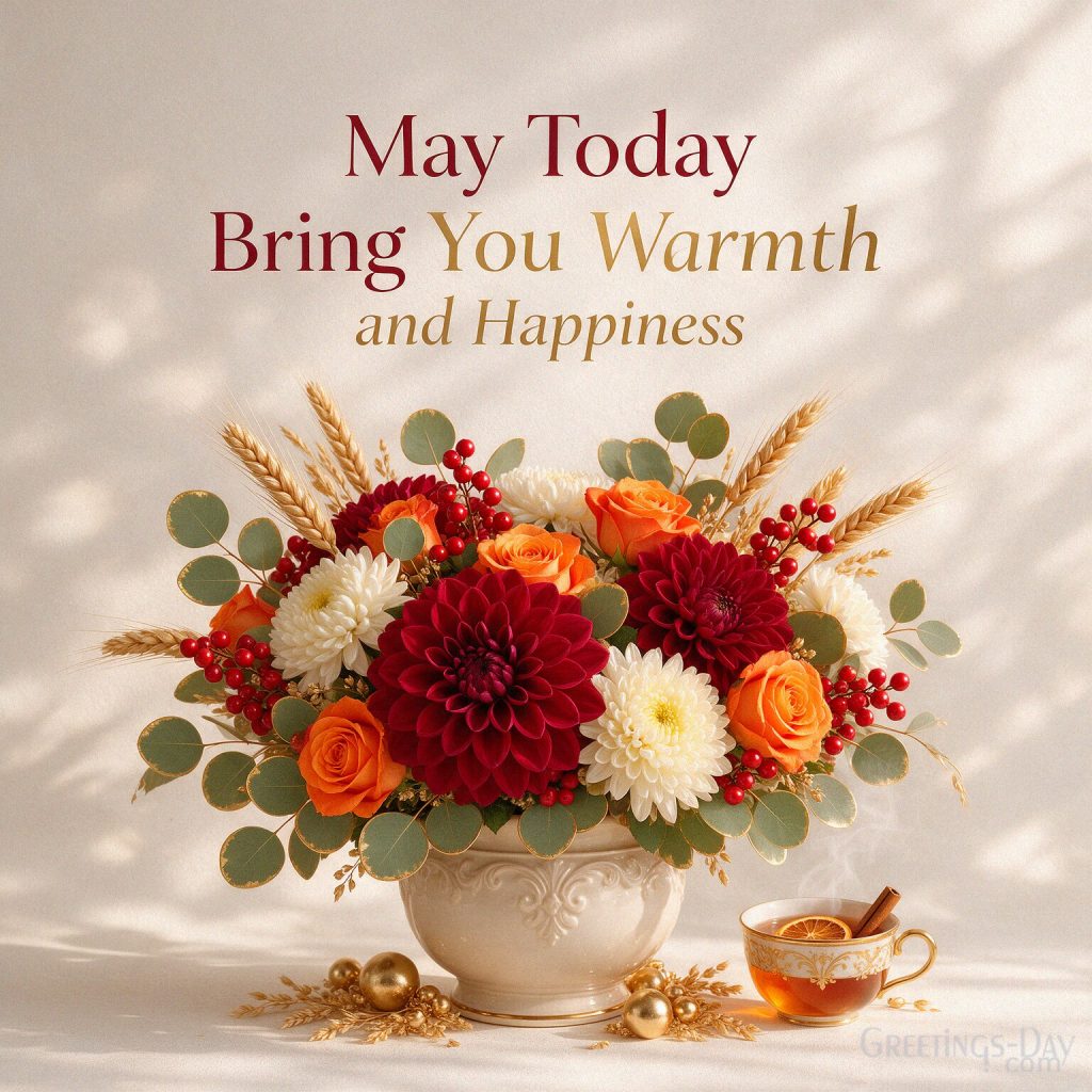Warm fall morning wishes for a friend with colorful autumn leaves featuring “Sending You Warm Wishes This Fall Morning” with the text