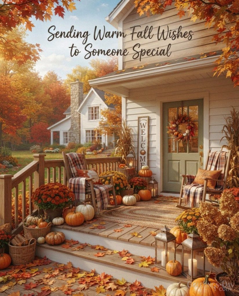 Warm fall wishes image with pumpkins and cozy autumn porch featuring “Sending Warm Fall Wishes to Someone Special” with the text 