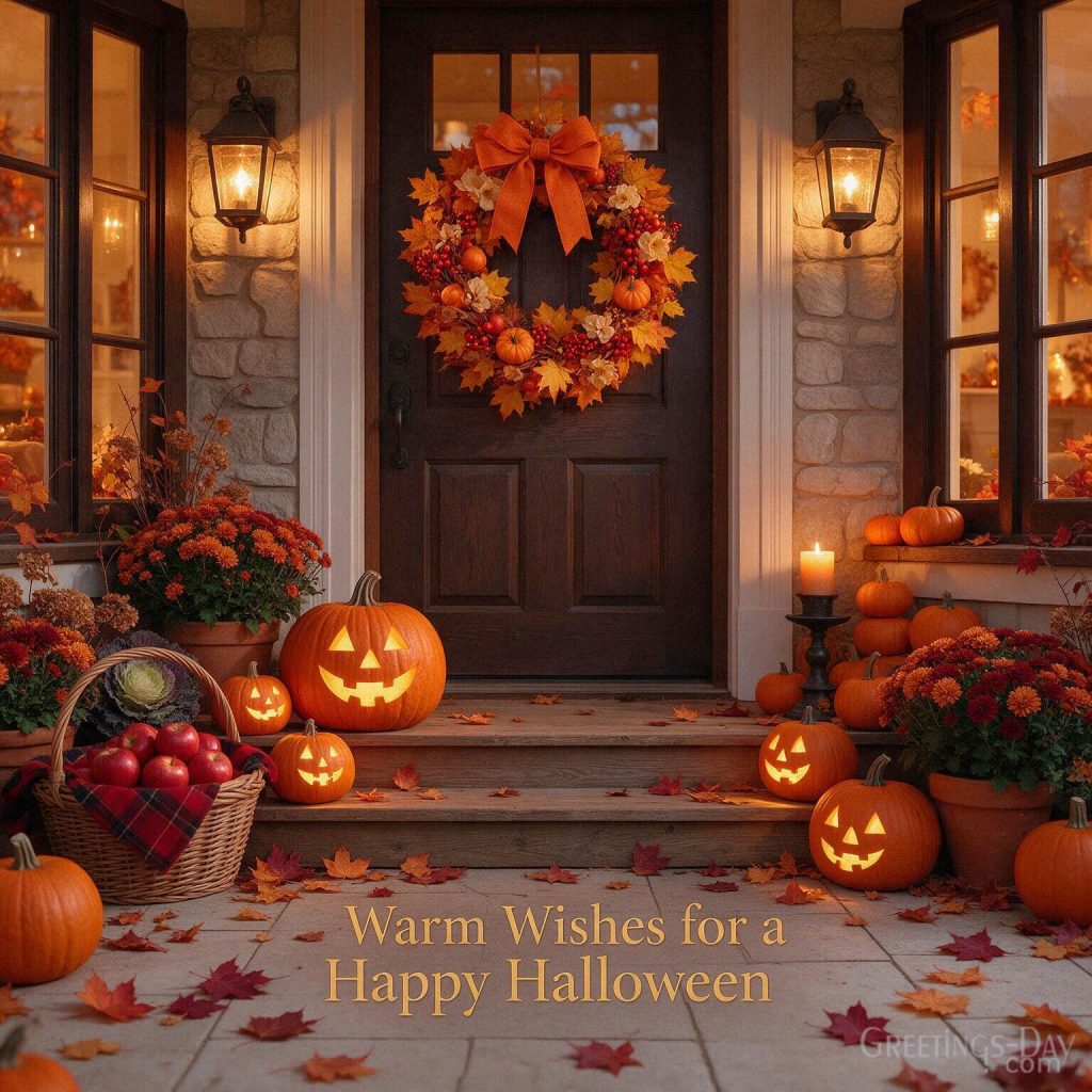 Warm Wishes for a Happy Halloween card with glowing pumpkins