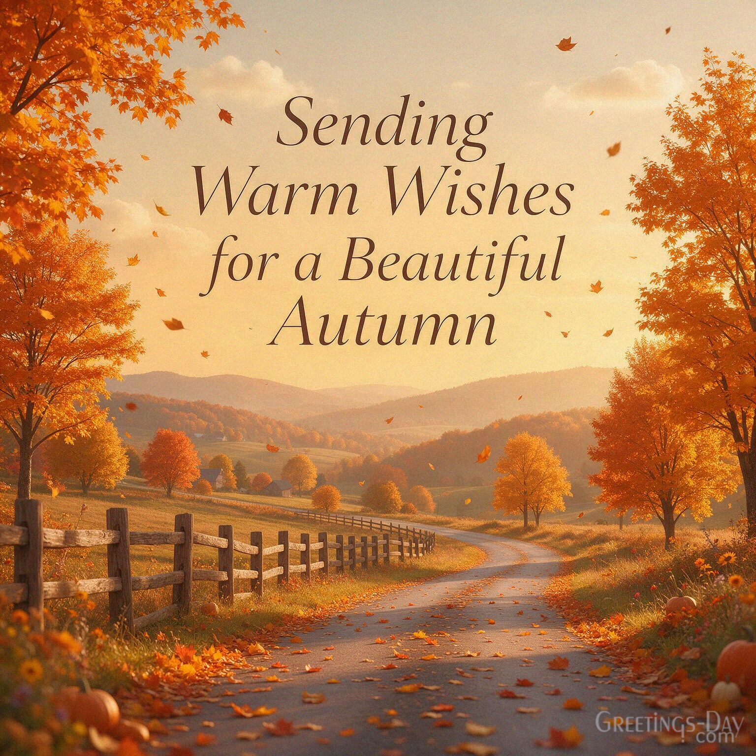 Beautiful autumn greeting card with golden fall landscape featuring “Sending Warm Wishes for a Beautiful Autumn” with the text "Sending Warm Wishes for a Beautiful Autumn"