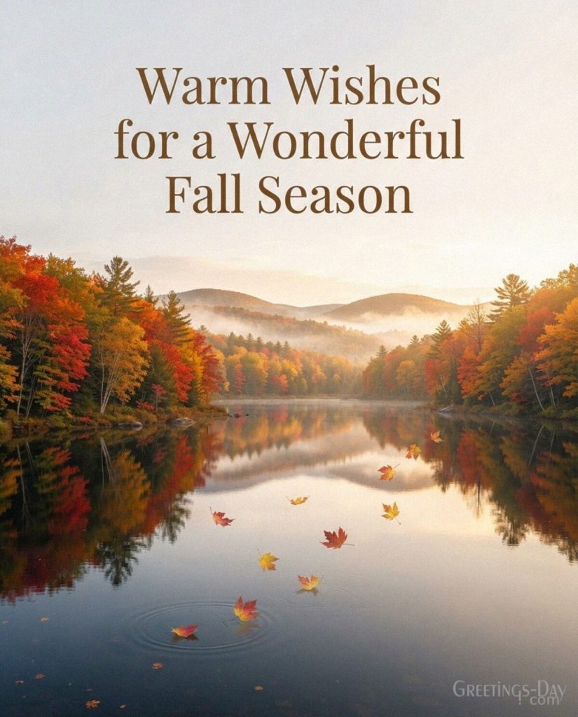 First Day of Fall greeting with peaceful lake and golden foliage featuring “Warm Wishes for a Wonderful Fall Season” with the text 