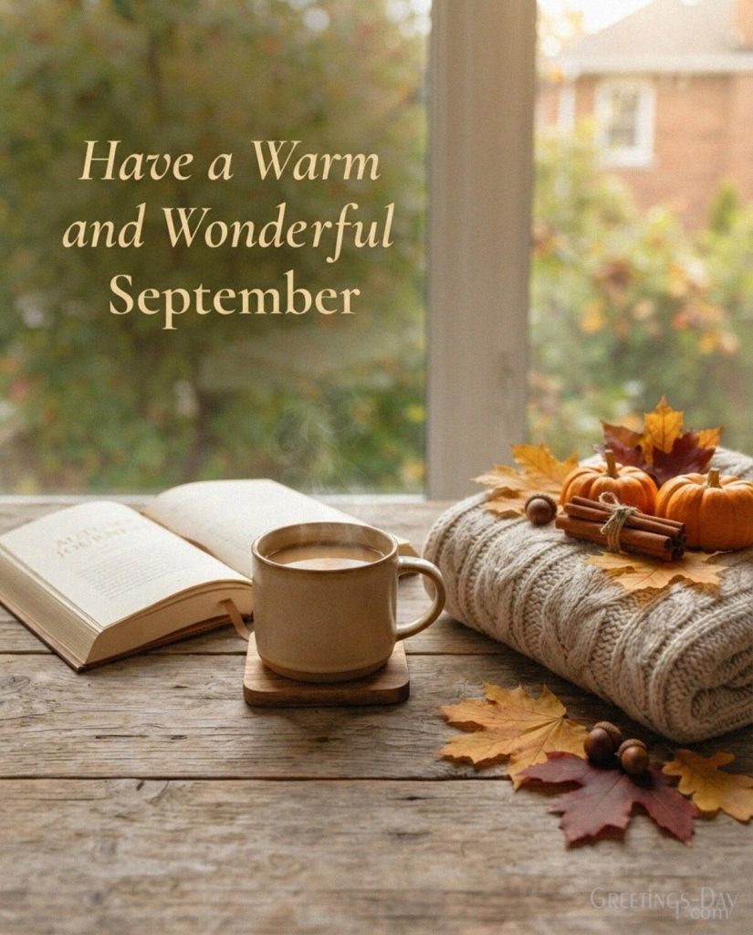 Warm September greeting image with coffee