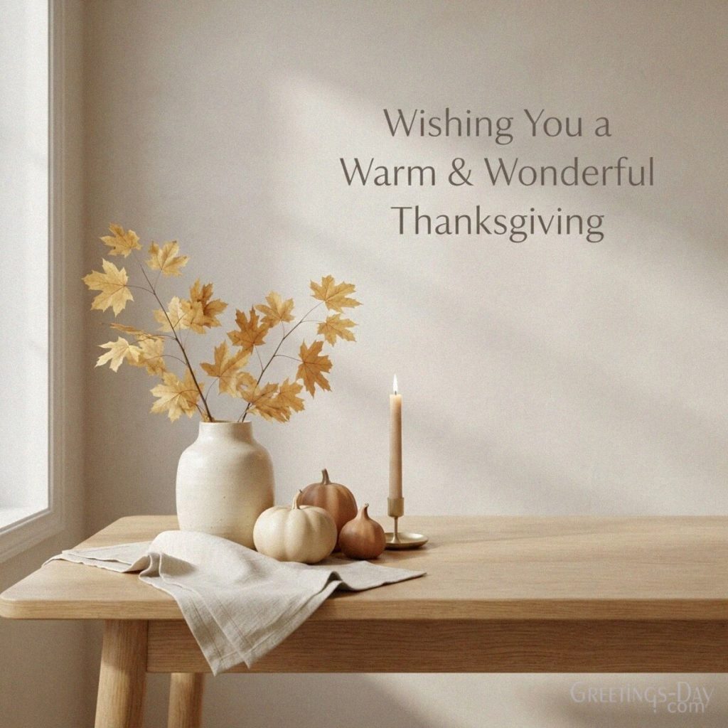 Modern Thanksgiving card with elegant autumn decor featuring the warm greeting “Wishing You a Warm & Wonderful Thanksgiving” with the text 