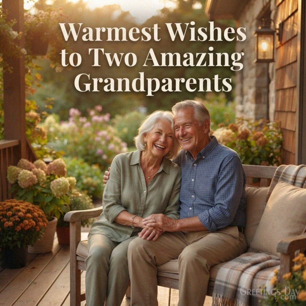 Warmest wishes to amazing grandparents image with a loving Grandma and Grandpa relaxing together on a cozy porch with the text