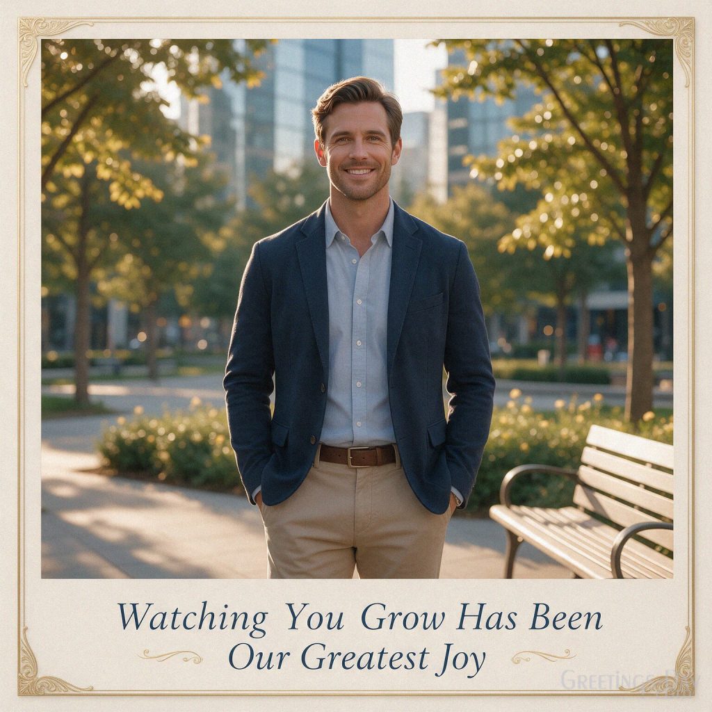 Heartfelt National Sons Day greeting for an adult son with the words Watching You Grow Has Been Our Greatest Joy with the text 