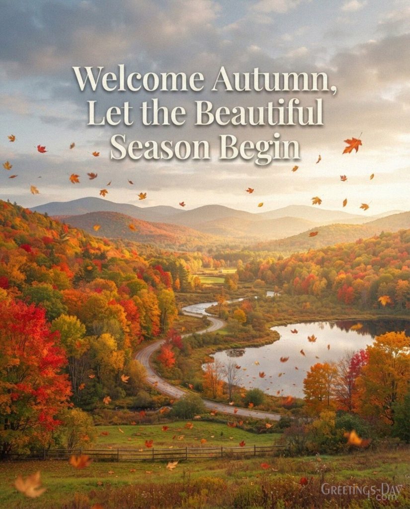 Welcome Autumn image with colorful fall hills featuring “Welcome Autumn