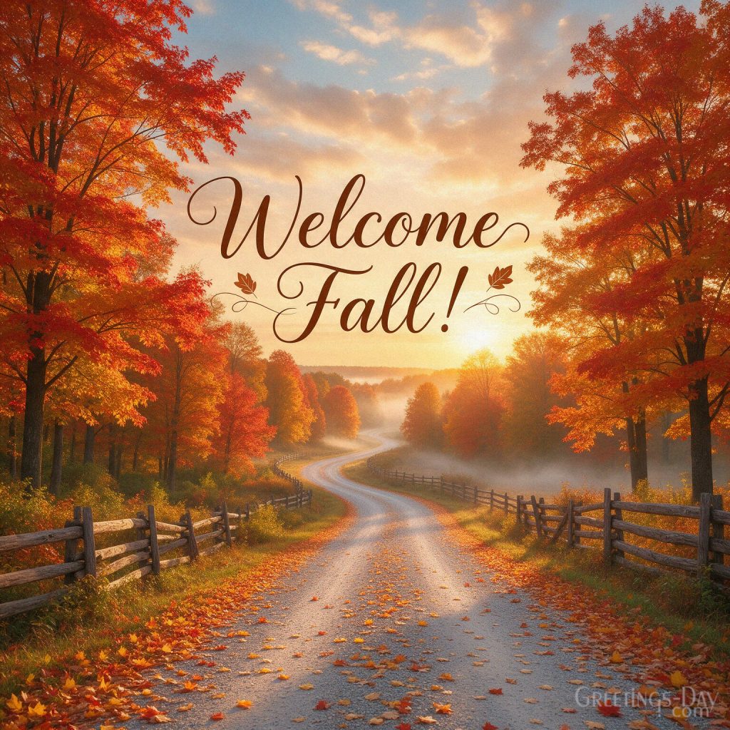 Welcome Fall image with colorful autumn trees and peaceful country road featuring “Welcome Fall!” with the text 