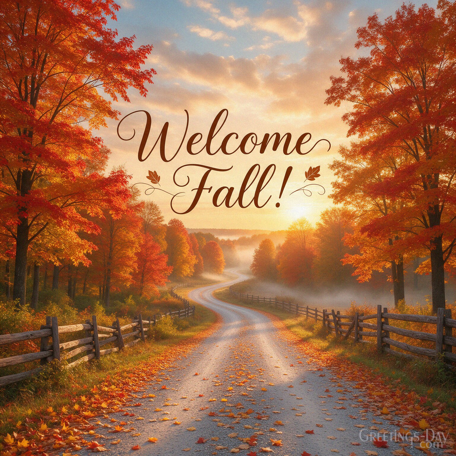 Welcome Fall image with colorful autumn trees and peaceful country road featuring “Welcome Fall!” with the text "Welcome Fall!"