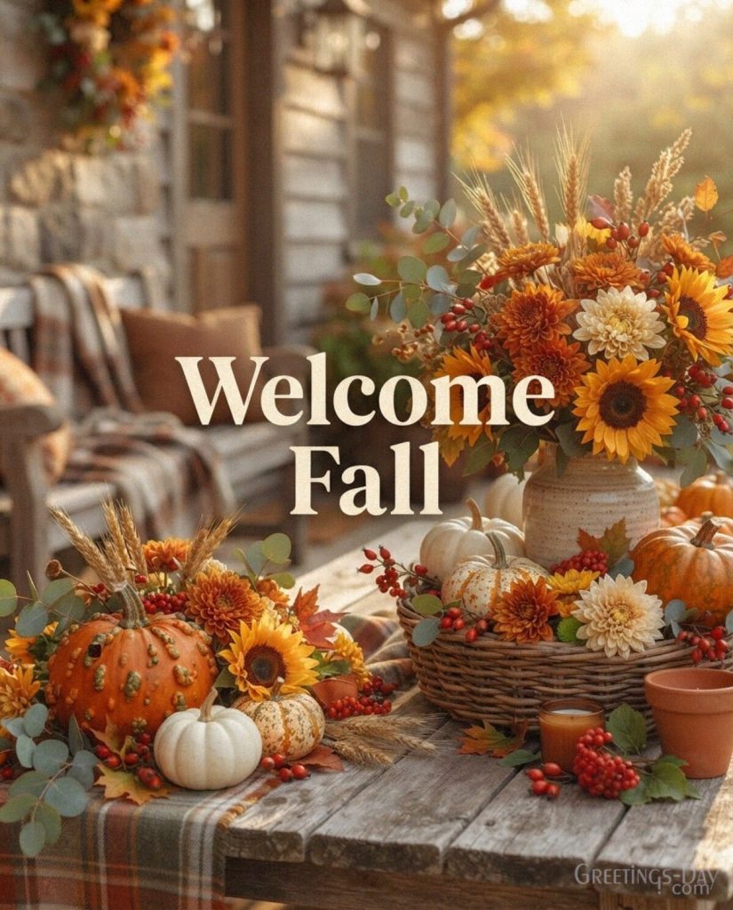 Welcome Fall greeting card with pumpkins