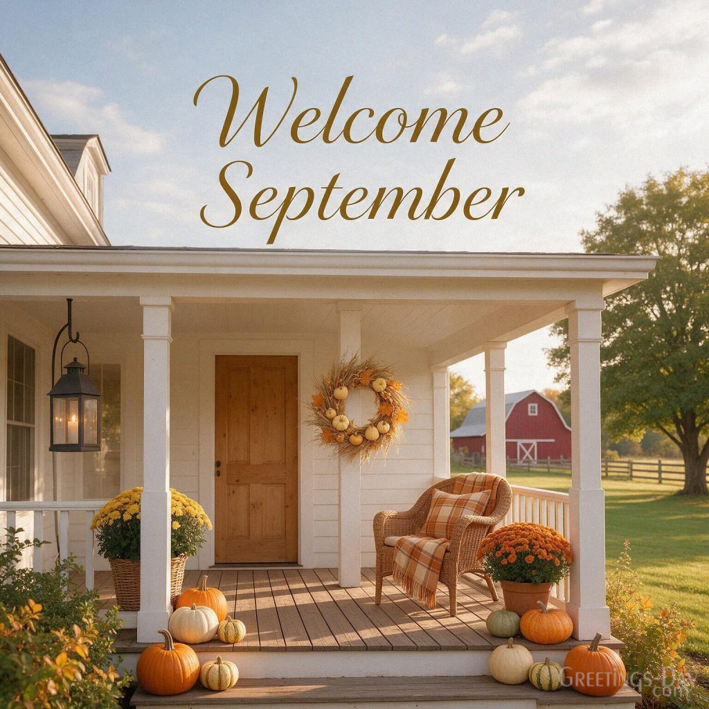 Welcome September image with a cozy farmhouse porch