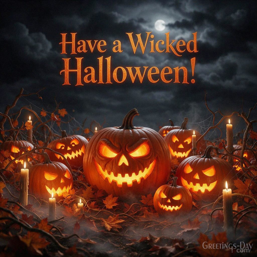 Have a Wicked Halloween greeting with scary glowing jack-o'-lanterns in a dark abandoned pumpkin patch with the text 