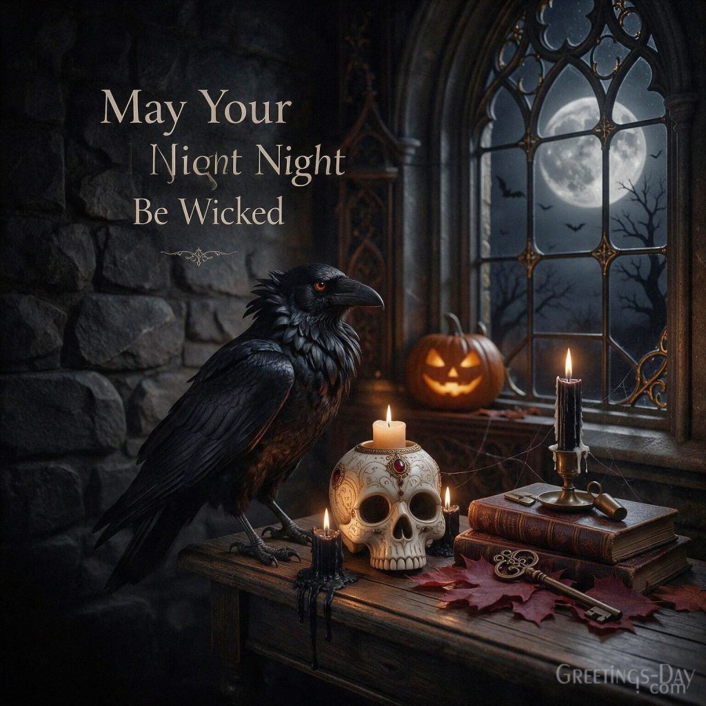 May Your Night Be Wicked Halloween greeting with mysterious raven