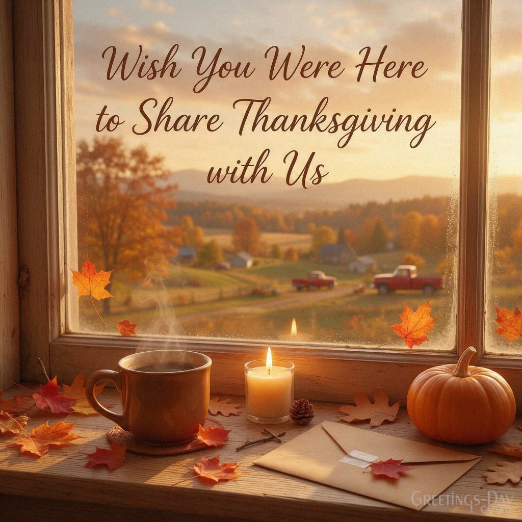 Thanksgiving across the miles message with a cozy autumn scene featuring “Wish You Were Here to Share Thanksgiving with Us” with the text 