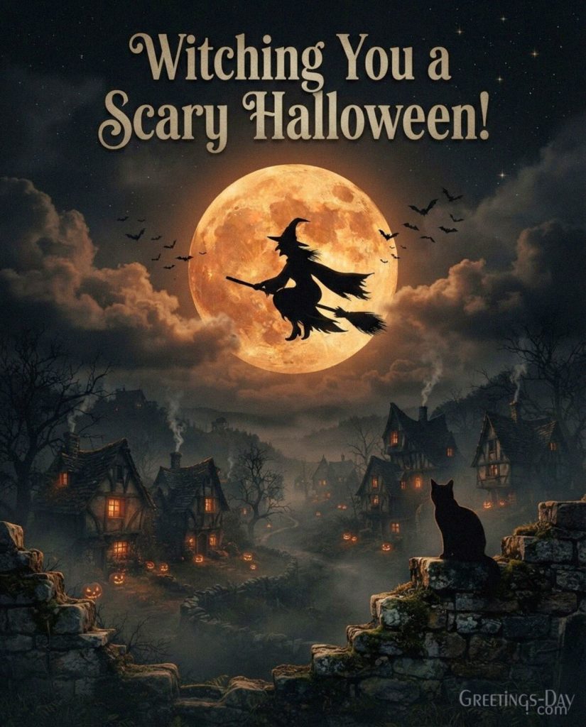 Witching You a Scary Halloween greeting with flying witch