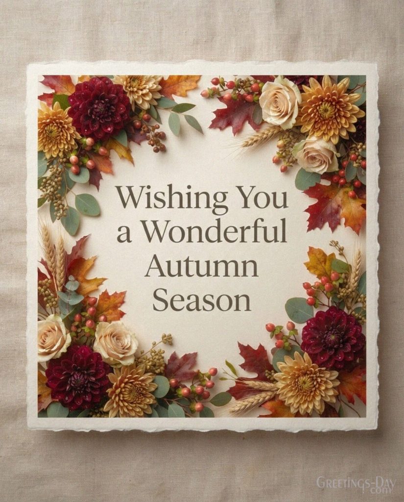 Elegant autumn greeting card with fall flowers featuring “Wishing You a Wonderful Autumn Season” with the text 