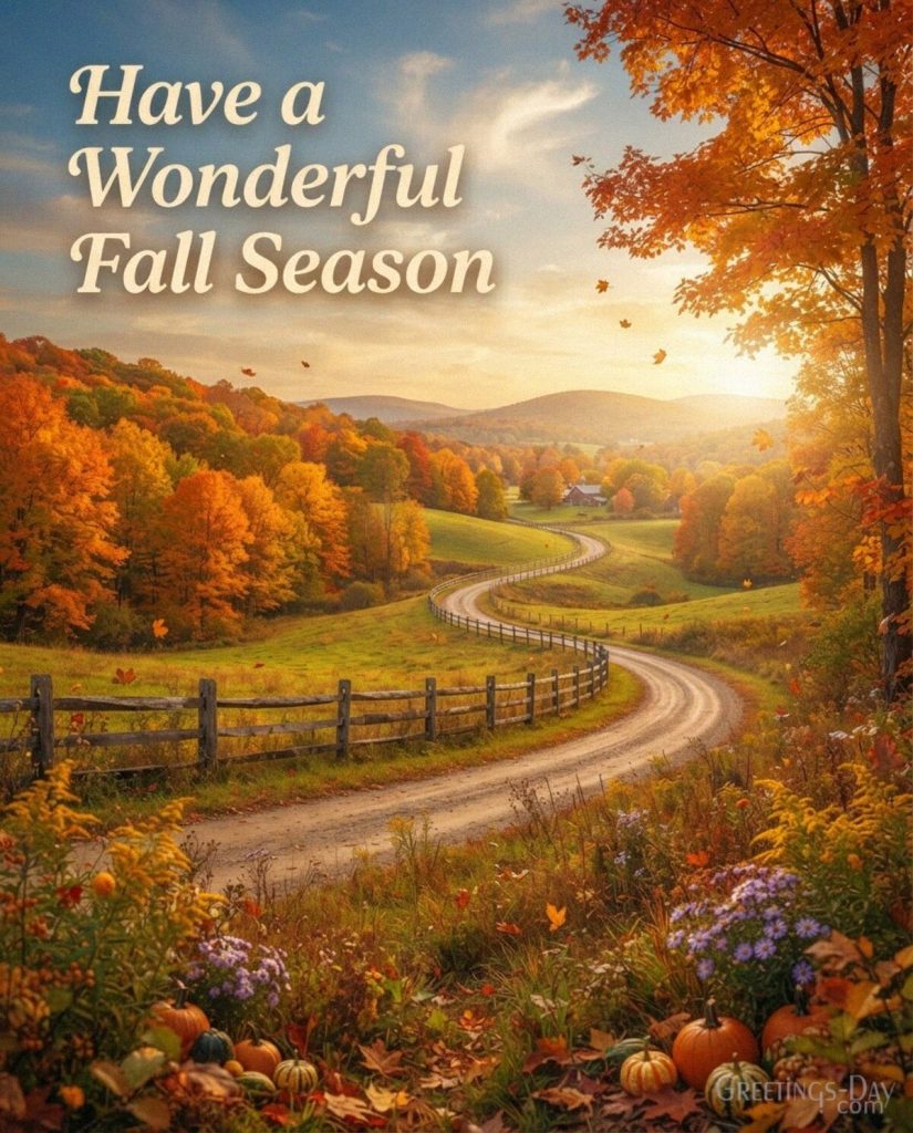 Wonderful Fall Season greeting card with a golden country road