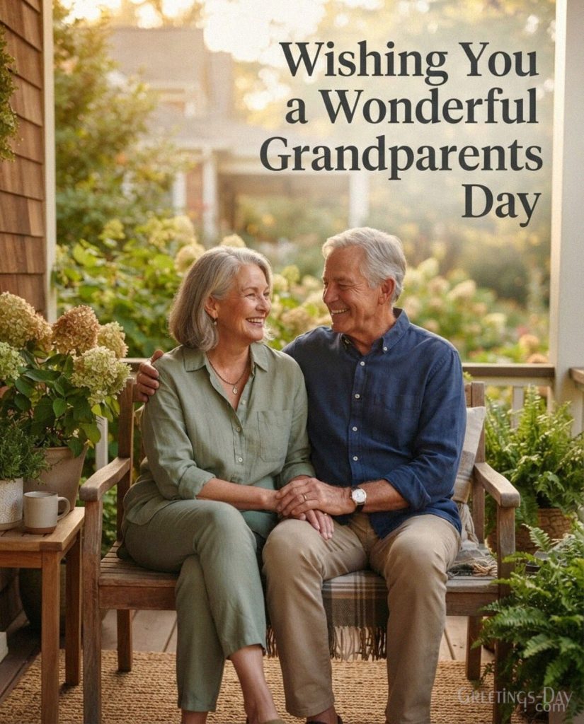 Wonderful Grandparents Day wishes picture with smiling grandparents sharing a peaceful moment in golden sunlight with the text 