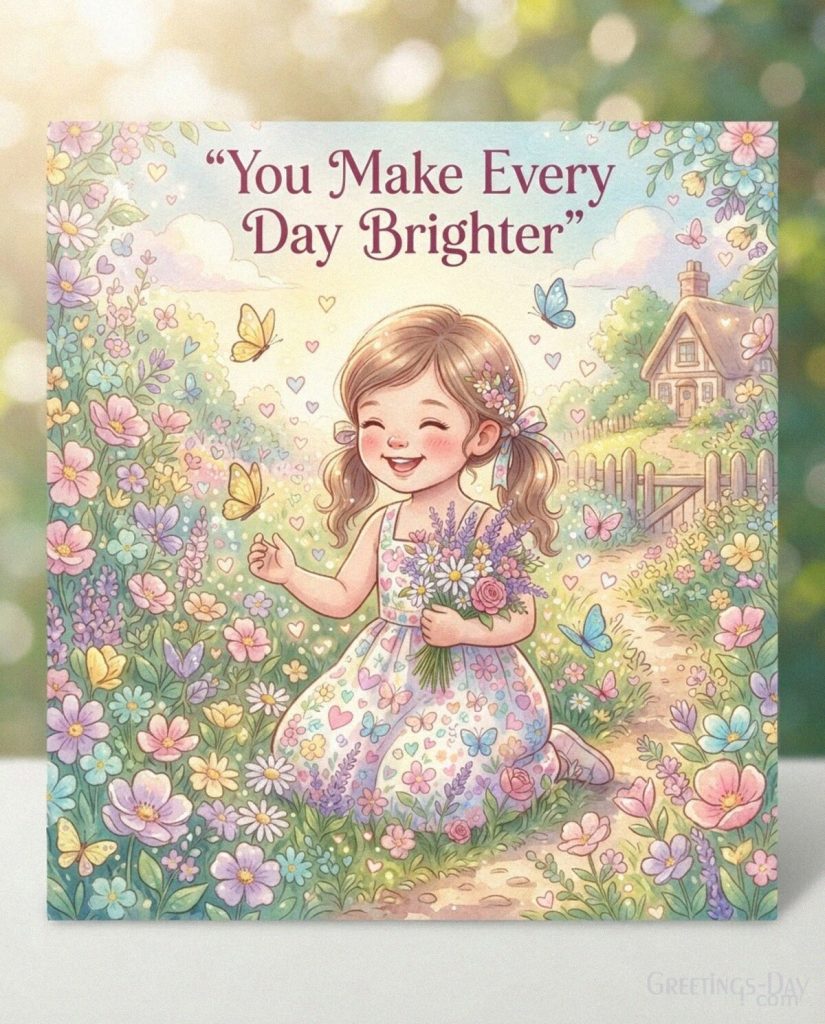Colorful daughter card with a cheerful girl in a flower garden and the message “You Make Every Day Brighter.” with the text 