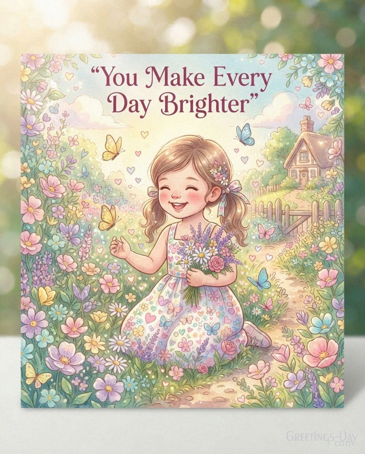 Colorful daughter card with a cheerful girl in a flower garden and the message “You Make Every Day Brighter.” with the text "You Make Every Day Brighter"