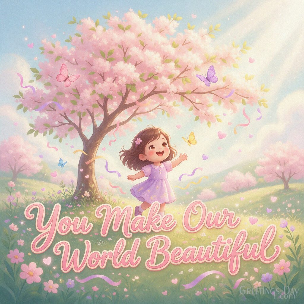 Sweet daughter appreciation message reading “You Make Our World Beautiful” with colorful flowers and a joyful family theme. with the text 
