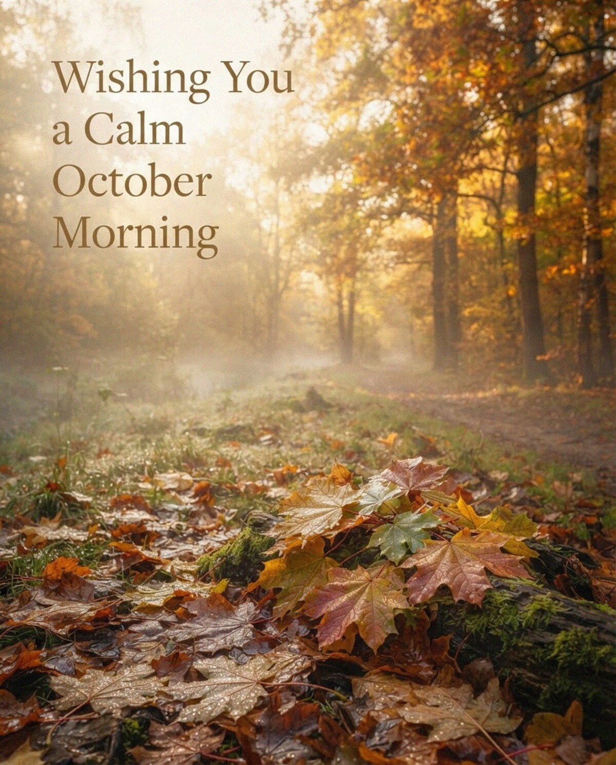Beautiful autumn morning image with golden fall scenery featuring “May Your Morning Be Filled with Joy and Happiness”