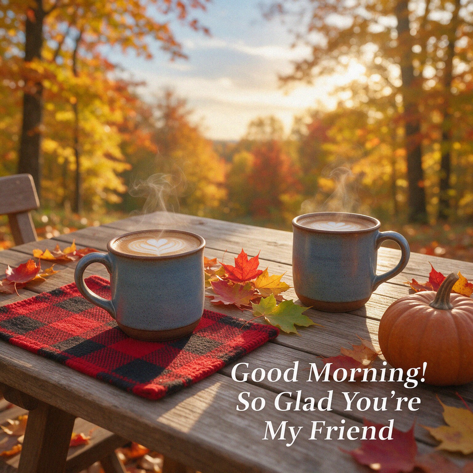 Blessed fall morning greeting with peaceful autumn scenery featuring “Wishing You a Blessed and Beautiful Fall Morning”