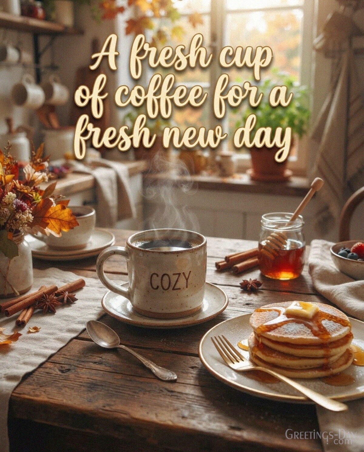 Fresh Cup of Coffee for a Fresh New Day greeting image with hot coffee