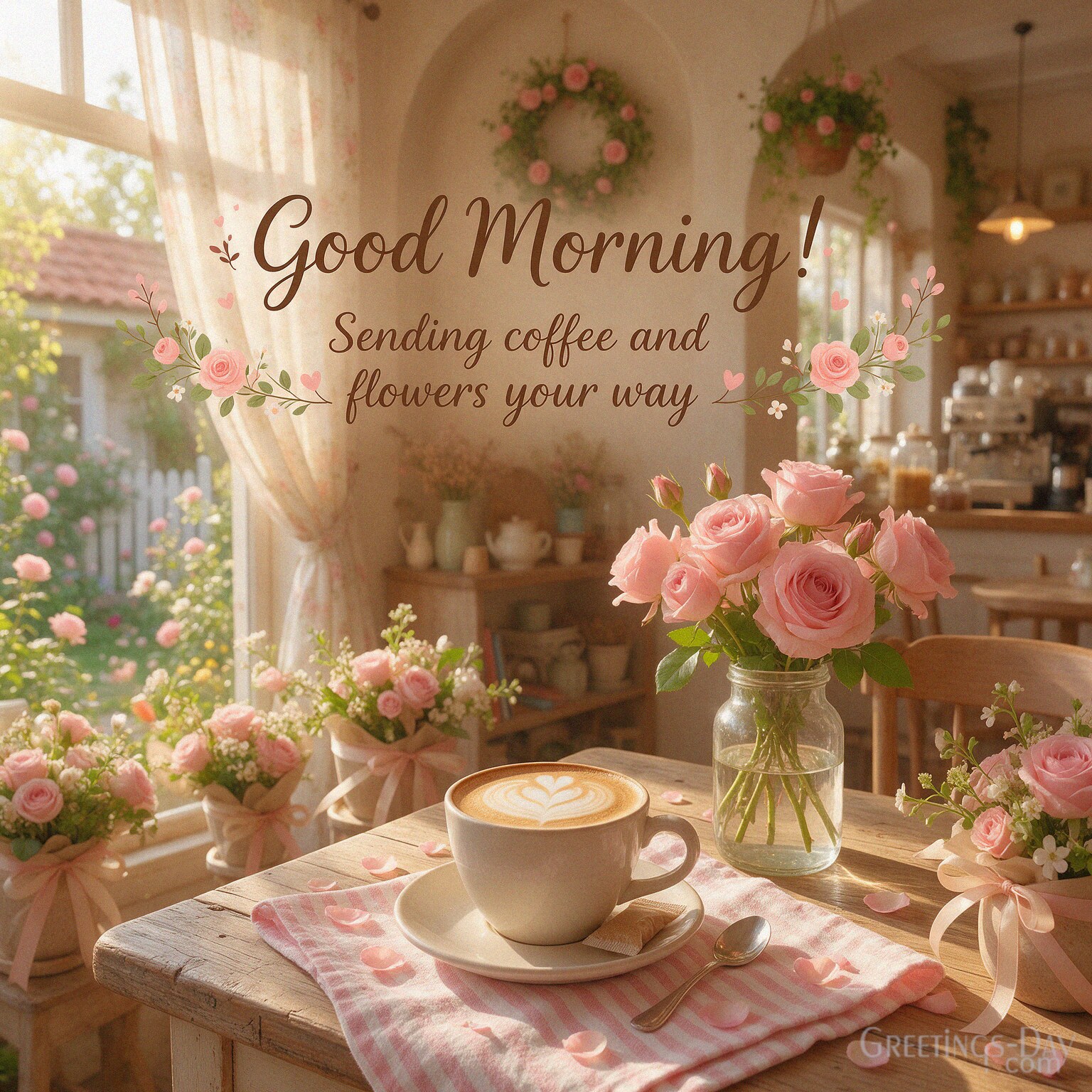 Good Morning Coffee and Flowers image with heart-shaped latte art