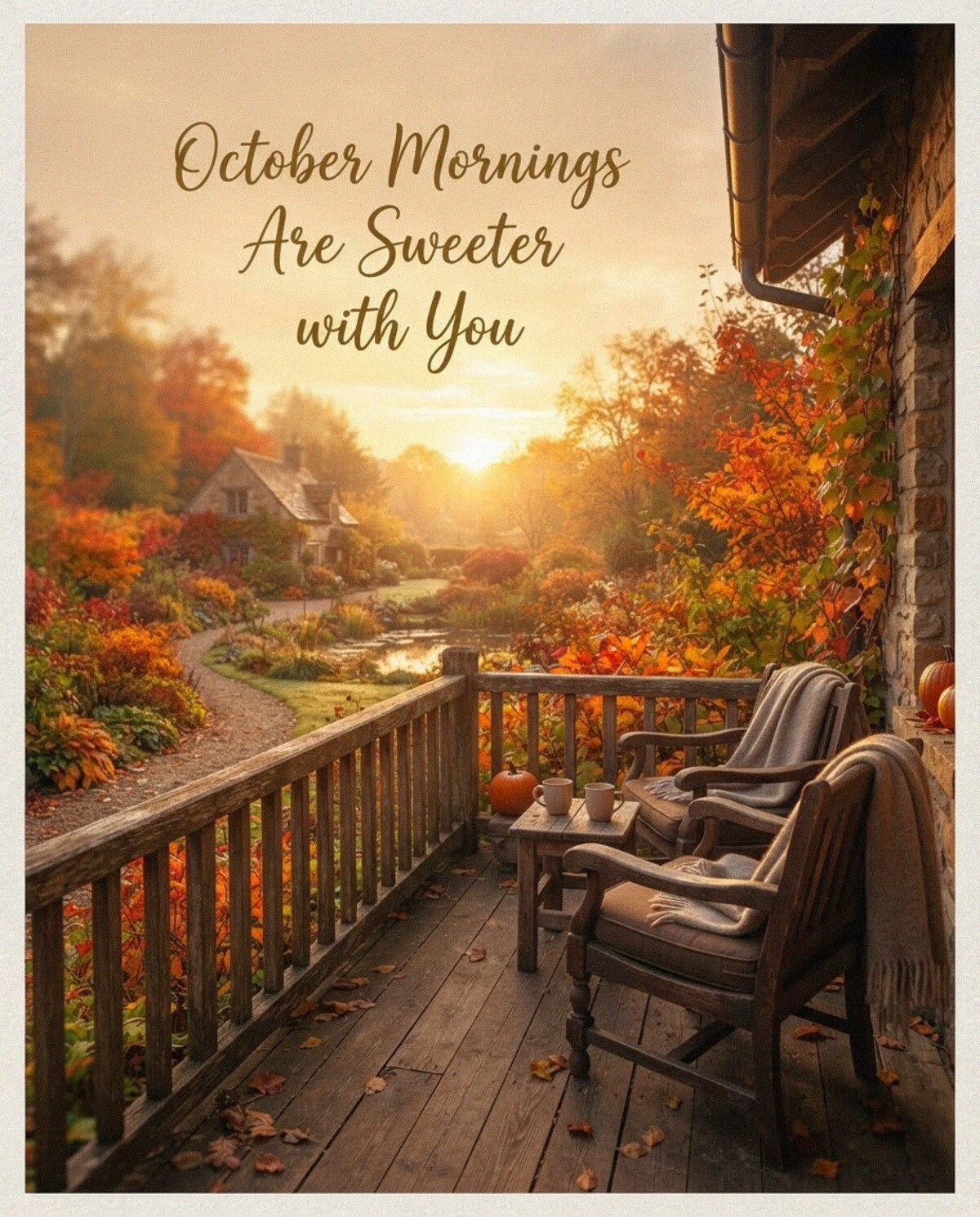 Inspirational autumn morning image with sunrise over a peaceful lake featuring “Good Morning