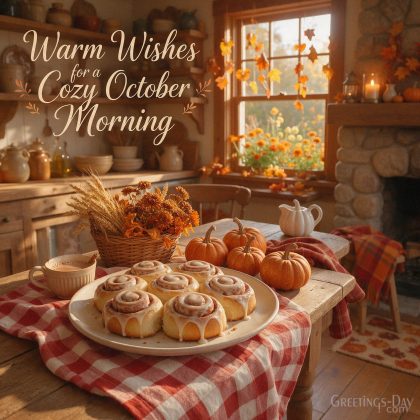 Warm wishes for a cozy October morning with farmhouse breakfast