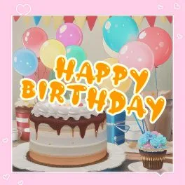 Happy Birthday card with colorful balloons, cake, and celebration decorations