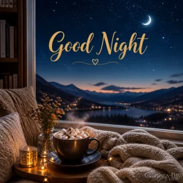 Cozy cocoa good night image with warm drink, blanket, and relaxing bedtime message