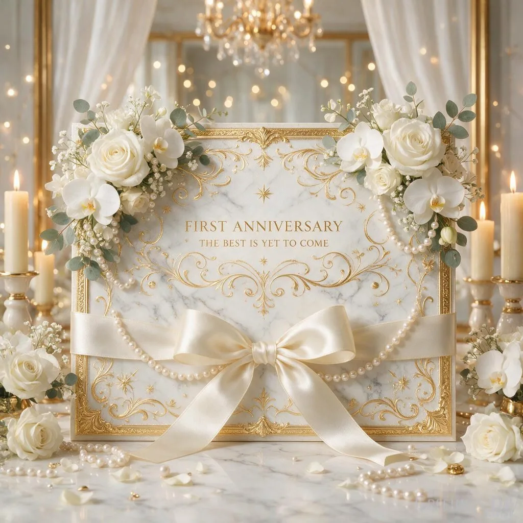Premium First Anniversary picture with elegant floral arrangement and The Best Is Yet to Come anniversary greeting