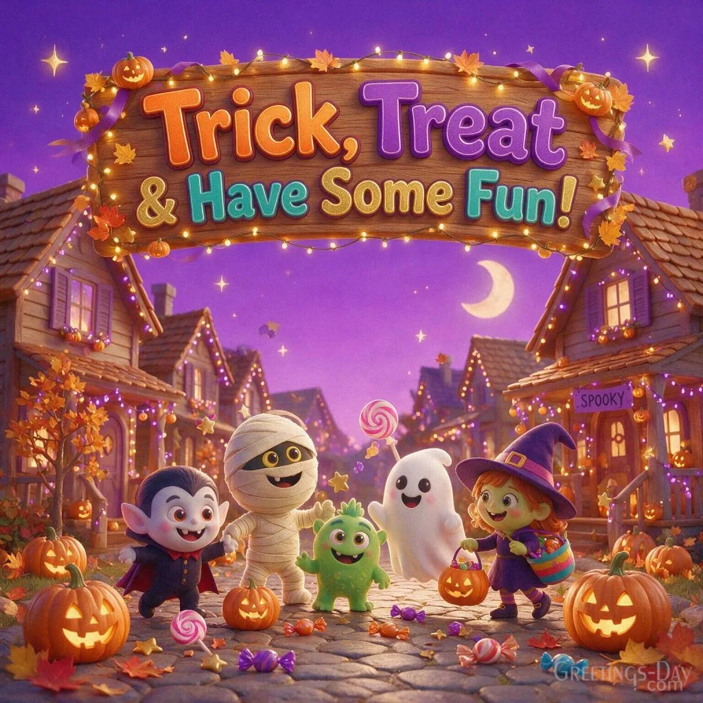 Fun Halloween card for kids with adorable trick-or-treat monsters